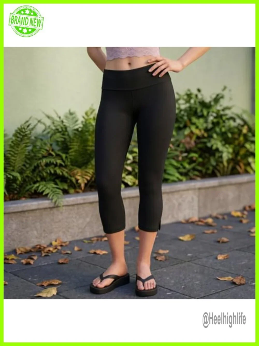Y2K Capri Leggings High Waist Fold Over Side Slit Stretch Lounge Yoga